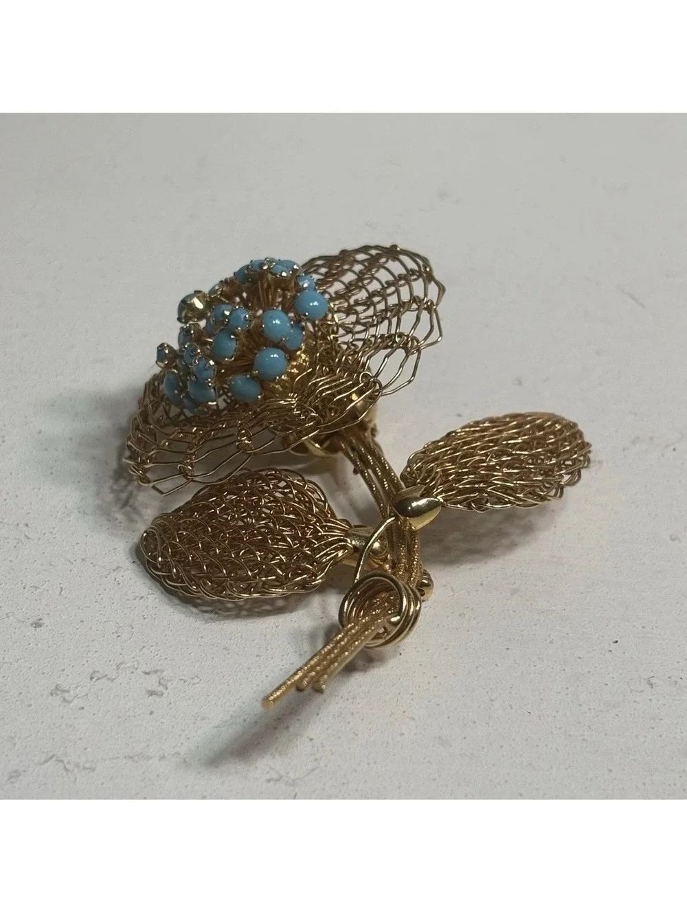 Vintage Vendome Signed Large Faux Turquoise Rhinestone Gold Tone Mesh Brooch